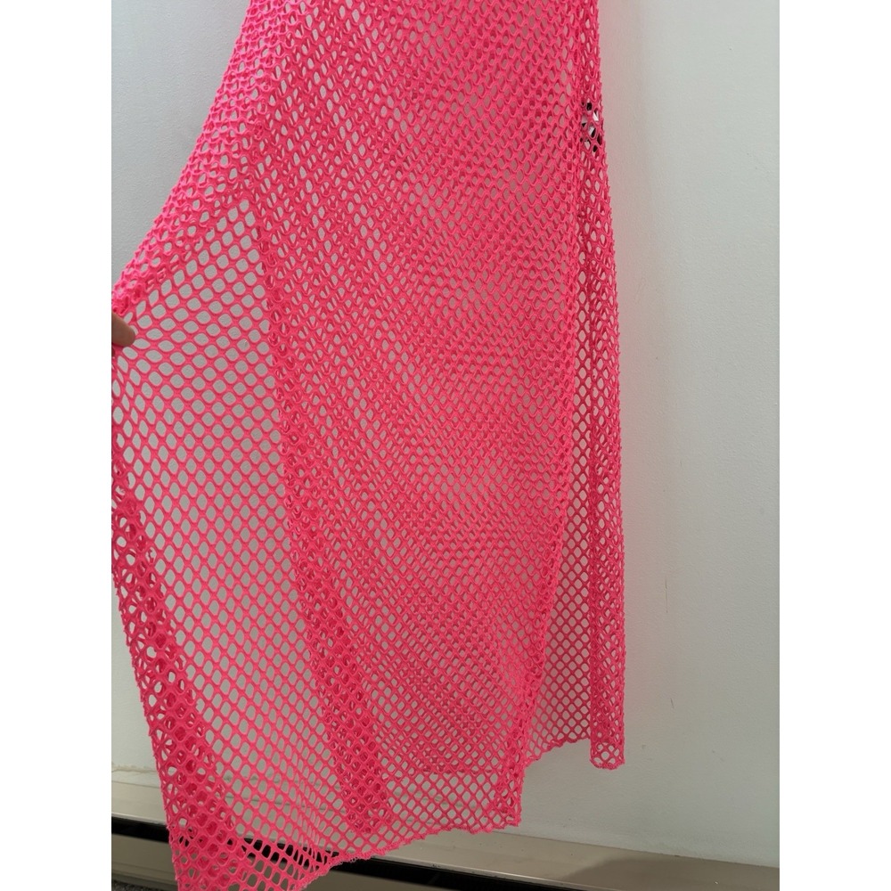 Women Mesh Maxi Cover Up Sz LARGE Neon Pink See Through Summer Dress Beach - Picture 3 of 13